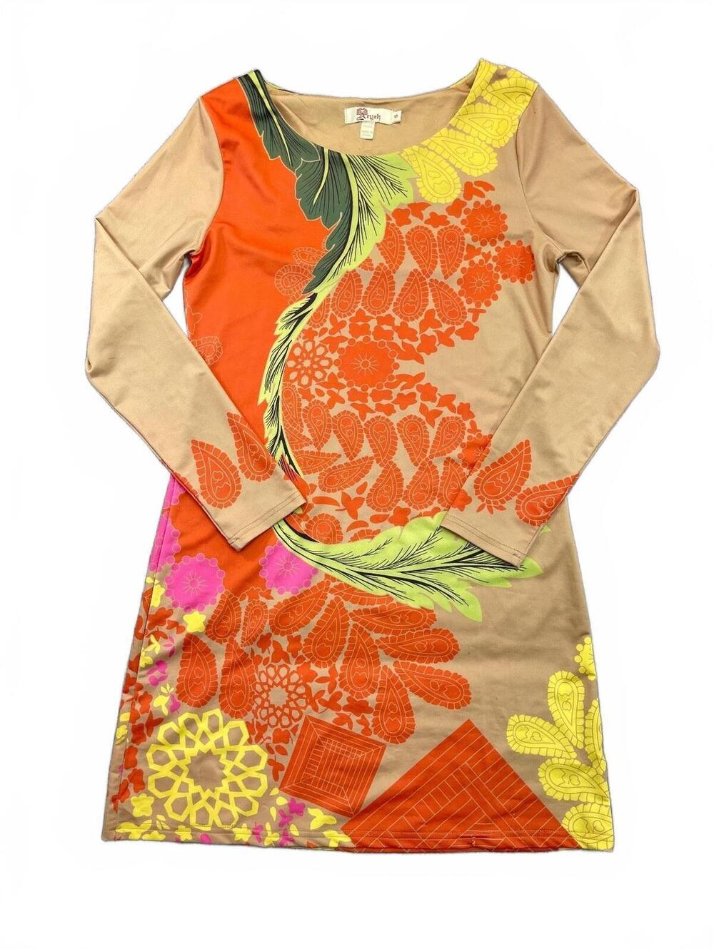 Aryeh Womens Long Sleeve Mini Dress Floral Paisley Boho Tan Orange Pink Small